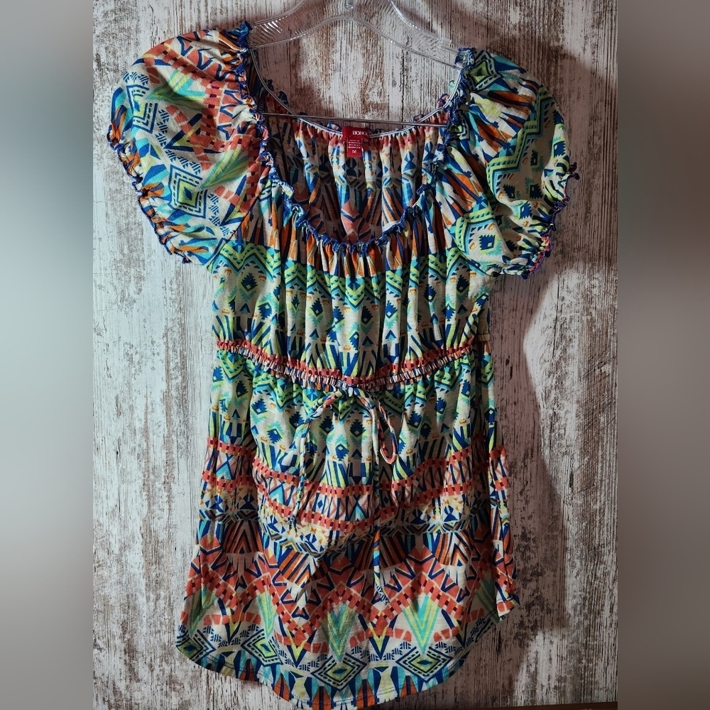 BONGO Bright Summer Multicolor Aztec Peasant Top Faux Waist Tie